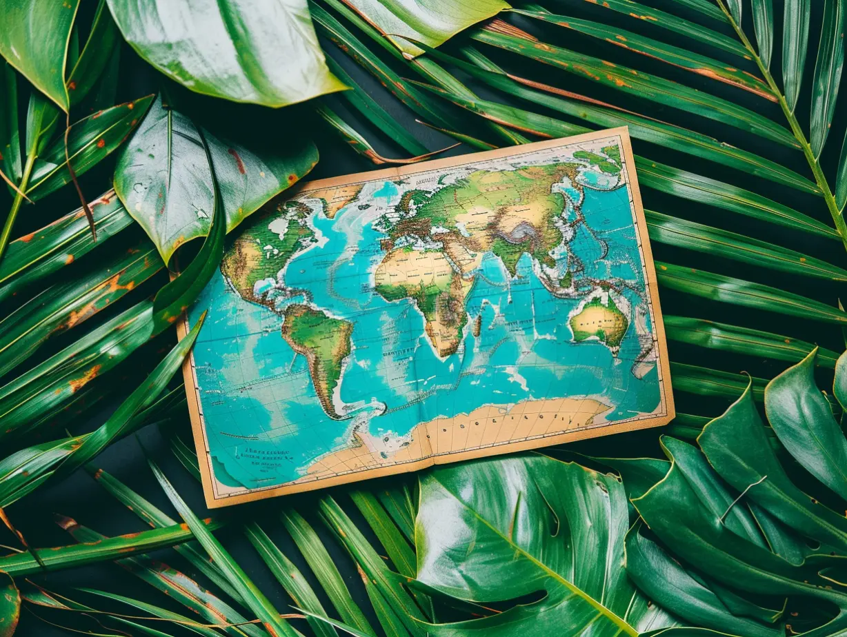 The map of the world is unfolded on green palm leaves