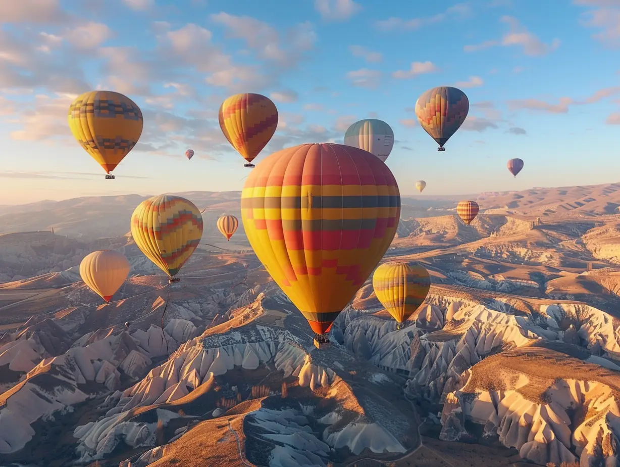 Balloons fly on the rocky landscape of Cappadocia