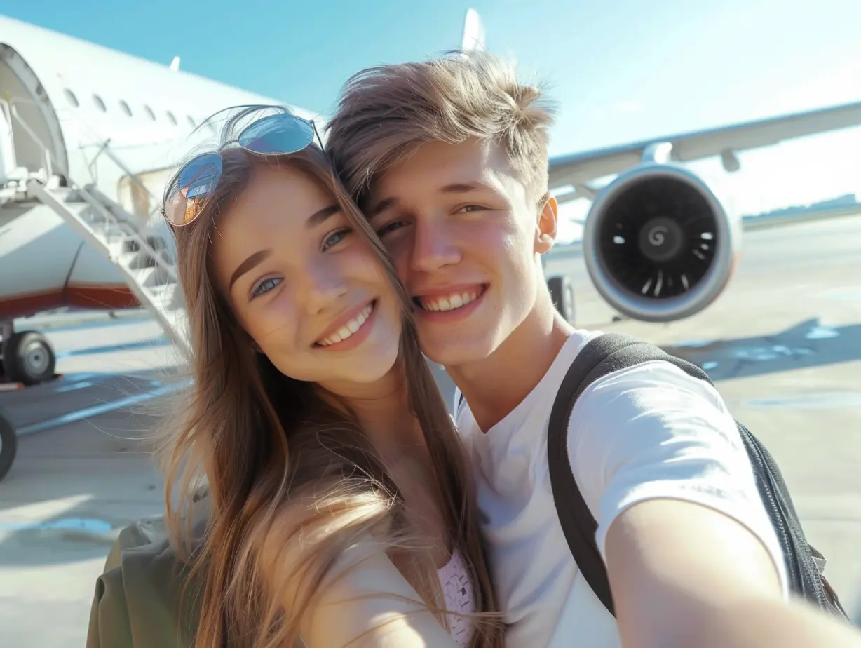 The guy and the girl in front of the plane take a selfie together