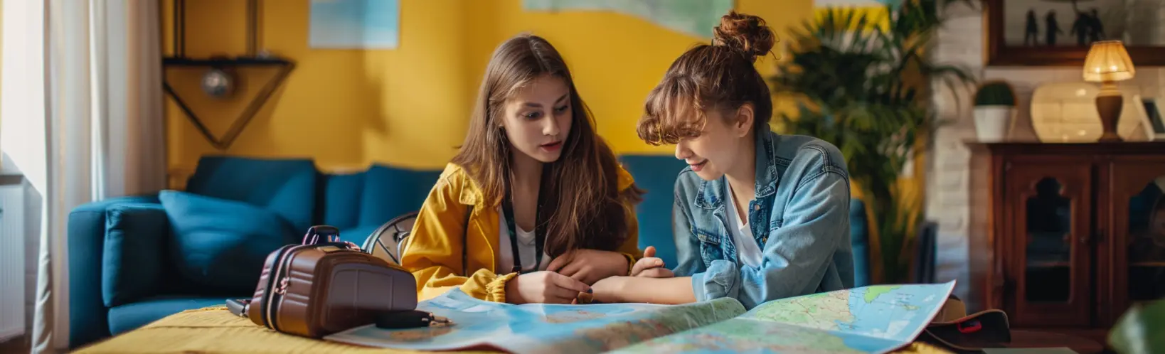 Two young girls looking for a place to go on vacation