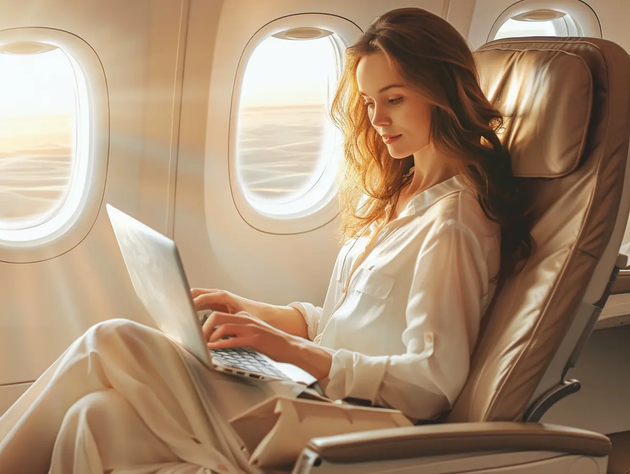 In a flying plane a girl prints text on a laptop sitting in a chair